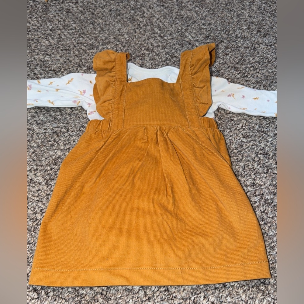 Carter's White Floral Print Bodysuit with Mustard Corduroy Dress